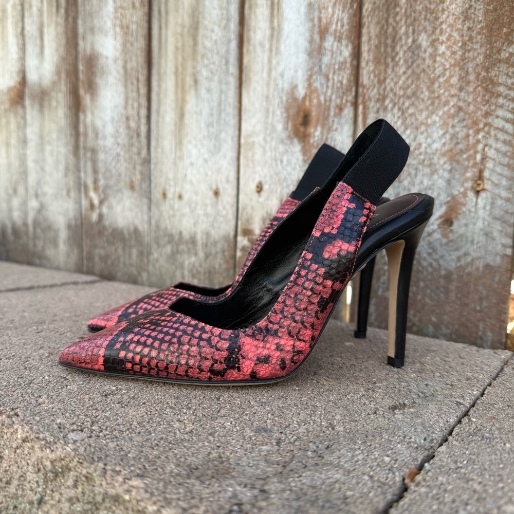 BEAUTIISOLES Red Pink Black Snake Slingback Leather Stiletto Heel Shoes Size 5.5